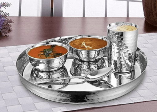 Shri & Sam High Grade Stainless Steel Komcha Hammered Thali Set 28 cm for 1 People (Mirror Finish)